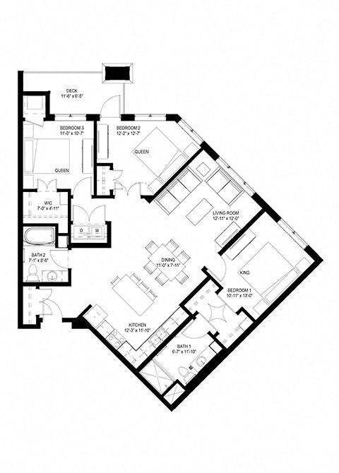 Floor plan for 3 beds, 2 baths, 1302 sqft